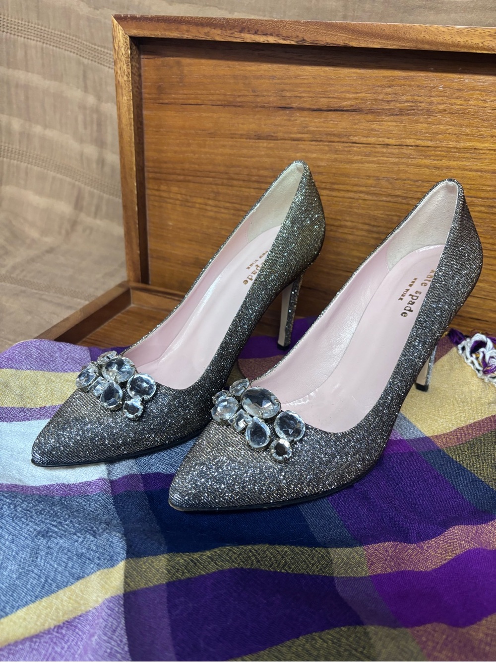 kate spade Gold Glitter Jeweled Pointed-Toe Pumps with Crystal Accent - Picture 3 of 10